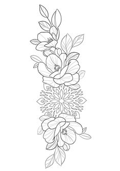 a line drawing of flowers with leaves on the bottom and bottom part of each flower