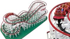 two roller coasters with people riding them on the top one is red and white