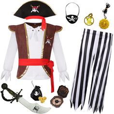 a pirate costume is shown with accessories