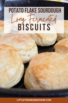 some biscuits are cooking in a pan with the words potato flake sourdough long - fermented biscuits