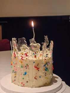 a birthday cake with white frosting and sprinkles has a lit candle on top