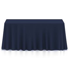 a dark blue table cloth on top of a white table with no people around it