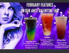 four different colored drinks with the names of each one in front of them and an advertisement for