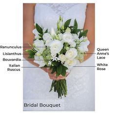 a bridal bouquet is labeled in the following words, including names and descriptions for each bride's bouquet