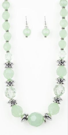 "Dine and Dash" Green Necklace and Earrings: Infused with shimmery silver accents, faceted green beads gradually increase in size as they join below the collar for a refreshing springtime look. Features an adjustable clasp closure. Sold as one individual necklace. Includes one pair of matching earrings. Elegant Adjustable Light Green Jewelry, Green Faceted Necklace For Party, Adjustable Green Necklaces With Faceted Beads, Adjustable Green Necklace With Faceted Beads, Faceted Adjustable Beaded Necklaces For Party, Adjustable Faceted Beaded Necklaces For Parties, Adjustable Faceted Beaded Necklace For Party, Green Single Strand Jewelry For Party, Single Strand Green Jewelry For Party