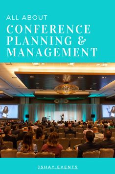 the front cover of an all about conference planning and management book, with people sitting in chairs