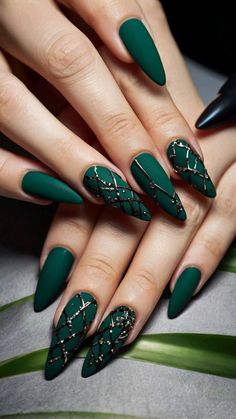 Follow for more . . . . . #nails #nailsofinstagram #nailart #naildesign #nailstagram #nailartideas #nailsoftheday #nailsnailsnails #nailaddict #naillove #nails2inspire #naildesigns #nailjunkie #nailporn #nails4today #nailpolish #nailtech #nailswag #nailtrends #nailsonfleek #nailfashion #nailinspo #nailinspiration #naillife Slytherin Nail Designs, Slithering Nails, Dark Matte Green Nails, Harry Potter Nail Art Slytherin, Green Gold And Black Nails, Lotr Nail Art, Loki Nails Designs, Medieval Nail Art, Black And Emerald Green Nails