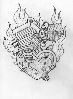 a drawing of a motorcycle engine in the shape of a heart with flames coming out of it