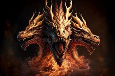 a fire breathing dragon with its mouth open in front of a black background and red flames