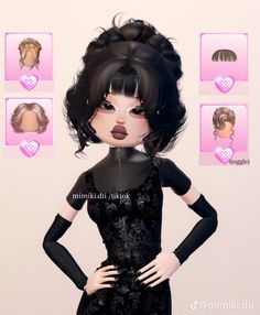 an animated image of a woman in black dress with her hands on her hips and various hairstyles