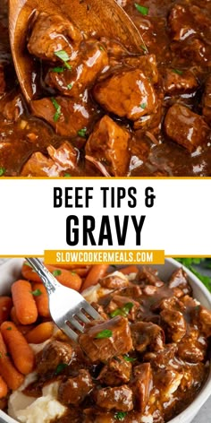 Close-up of beef tips and gravy on a wooden spoon. Slow Cooked Beef Tips, Crock Pot Stew Meat Recipes, Beef Tips Gravy, Crock Pot Beef Tips, Crock Pot Beef, Crockpot Stew