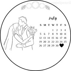 a calendar with the date for july, and a photo of a couple holding each other