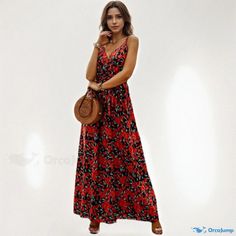 Orcajump - Sleeveless Floral Maxi Dress Red Bohemian Sleeveless Dress With Floral Print, Casual Sleeveless Maxi Dress, Casual Red Sleeveless Mini Dress, Casual Maxi Dress For Party, Red Bohemian Sleeveless V-neck Dress, Casual Floral Print Sleeveless Dress For Beach Season, Casual Sleeveless Floral Dress For Beach Season, Casual Floral Print Maxi Sleeveless Dress, Red V-neck Sleeveless Casual Dress