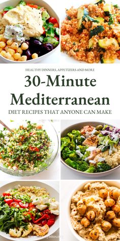 the cover of 30 minute mediterraneann diet plan with pictures of different foods and vegetables