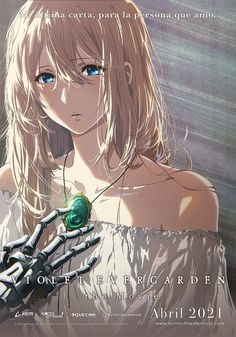 an anime character with blue eyes and long blonde hair wearing a white top, holding her hands in front of her chest