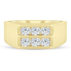 men's diamond ring in yellow gold with three diamonds on each side and the center stone