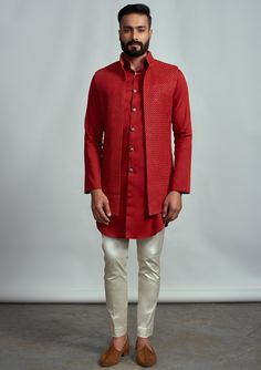 Arjun Kilachand-Cherry Open French Knot Bundi Set-INDIASPOPUP.COM Red Kurta For Men, Bubu Outfit, Kurta Neckline, Menswear Indian, Formals For Men, Gents Dress, Western Formals, Guys Outfits, Man Dress Design