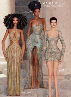 three models in different dresses standing on steps