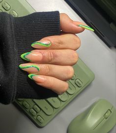 Cute At Patrick’s Day Nails, Gel Nail Designs Green St Patrick, St Patricks Day Nails Design Almond, Sparkly Green Nail Designs, Lime Green Design Nails, Green Nails For St. Patrick’s Day, Lime Green Almond Acrylic Nails, Yellow And Green Nail Ideas, St Patricks Nail Designs St Paddys