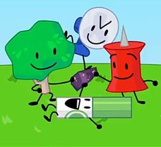 two cartoon characters playing with each other in the grass, one holding a red object