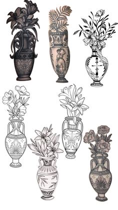 four vases with flowers and plants in them are drawn by hand on a white background