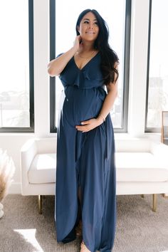 Katya Ruffle Maxi Dress | Light Blue | Baltic Born Chiffon V-neck Maxi Dress With Tie Waist, Blue V-neck Wrap Dress With Ruffles, Maternity Chiffon V-neck Dresses, Chiffon Maternity Dress With V-neck, Chiffon Maternity V-neck Dresses, Blue Wrap Dress With Tie Waist And Surplice Neckline, Chiffon V-neck Maxi Dress For Maternity, Blue Flowy Wrap Dress, Ruffled Wrap Dress For Party