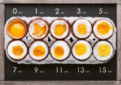 an egg tray with nine eggs in it, and the measurements for each one are shown