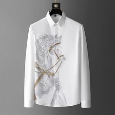 GAR BETHE Ani Kang |rhinestones Shirts Mens Luxury Top Diamond Men's Shirt Long Sleeve Slim Casual Shirt Black Animal Horse Shirt Social Autumn Cool black-M Gucci Luxury Men's Shirt, Luxury Gucci Tops For Men, Jumpsuit Designs, Handpainted Shoes, Formal Shirt Dress, Rhinestone Shirts, Mens Kurta, Iron Shirt, Horse Shirt