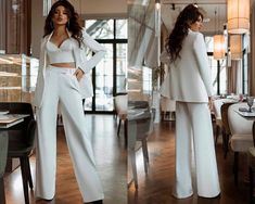 Chic Long Sleeve Pantsuit For Wedding, Chic White Wedding Sets, Fitted Long Sleeve Wedding Pantsuit, Chic Fitted Wedding Sets, Tailored Long Sleeve Wedding Sets, Fitted Long Sleeve Pantsuit For Wedding, Elegant Two-piece Party Blazer, Elegant Two-piece Bottoms For Formal Occasions, Elegant Two-piece Evening Pants