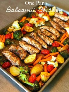 one pan balsamic chicken with roasted vegetables and broccoli on the side