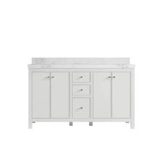 a white bathroom vanity with two sinks and drawers on the top, in front of a white background