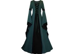 Medieval garb Johanna dark green-black The Dornbluth dressmaker's shop sells this beautiful dress with wide sleeves and double lacing as a one-off item. There are 18 sizes to choose from. This cut based on the medieval model (from the second half of the 12th century) can be worn in many situations. Whether at castle festivals, medieval markets or as a guest at a wedding - you are always perfectly dressed. The floor-length, waist-hugging dress has a hem circumference of 320 cm. The width can be i Black Gothic Medieval Dress With Long Sleeves, Medieval Style Long Sleeve Black Dress, Medieval Long Sleeve Black Dress, Black Medieval Long Sleeve Dress, Medieval Black Long Sleeve Dress, Black Long Sleeve Medieval Dress For Fantasy Events, Black Elven Costume Dress, Black Medieval Dress For Fantasy Events, Black Fantasy Medieval Dress For Festivals