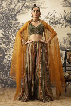 Mustard Yellow Viscose Silk Noor Sheer Cape and Bottle Green Sharara Set Bottle Green Blouse, Green Sharara, Sheer Cape, Green Sleeveless Blouse, Embroidered Motifs, Hand Work Blouse, Blouse For Women, Bottle Green