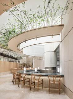 the interior of a restaurant with tables, chairs and plants hanging from the ceiling above