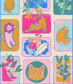 an image of cats and flowers in square frames on a blue, pink, yellow and green background