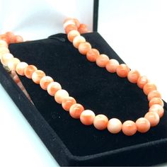 Stamped 14k / B> Fish Hook Clasps 18 Inches Long Classic Round Coral Jewelry, Classic Coral Round Jewelry, Elegant Round Coral Necklace, Elegant Coral Round Necklace, Formal Coral Single Strand Jewelry, Elegant Orange Jewelry With 8mm Beads, Classic Coral Jewelry As Gift, Classic Coral Jewelry Gift, Coral Beads Necklace