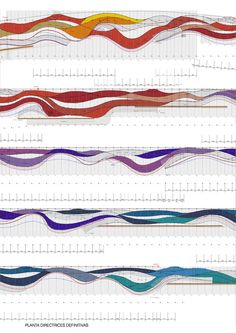 an image of different colored lines in the shape of wavy waves on a white background