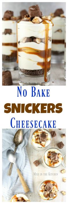 no bake snickkers cheesecake with chocolate sauce