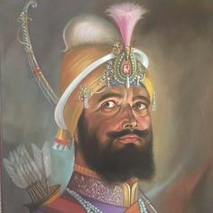 an oil painting of a man wearing a turban with feathers on his head