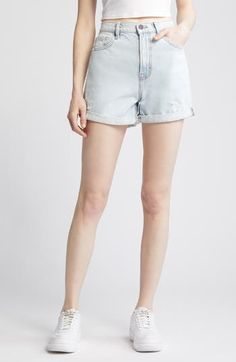 Light distressing adds eye-catching texture to these nonstretch-denim shorts with rolled cuffs upping the laid-back appeal. 3" inseam; 11" front rise Zip fly with button closure Five-pocket style 100% cotton Machine wash, tumble dry Imported Spring Shorts With Rolled Hem, High Waist Shorts With Rolled Hem For Spring, Trendy Rolled Hem Jeans For Spring, Spring High Waist Shorts With Rolled Hem, Summer Medium Wash Jean Shorts With Rolled Hem, Trendy Relaxed Fit Shorts With Rolled Hem, Spring Jean Shorts With Rolled Hem In Medium Wash, Summer Denim Jeans With Rolled Hem, Summer Denim Shorts With Rolled Hem