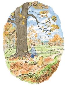 a drawing of a boy and his dog walking in the park under a tree with leaves on it