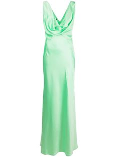 mint green satin finish draped detailing V-back sleeveless straight hem long length