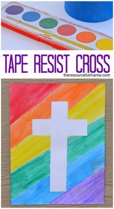 a paper plate with a cross on it and the words tape resist cross painted in rainbow colors