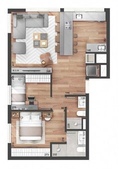 an overhead view of a bedroom and living room in a small apartment with wood flooring