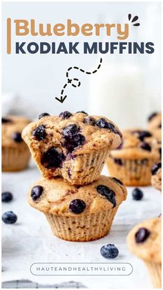 blueberry kodiak muffins stacked on top of each other with text overlay