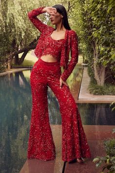 Red sharara with honeycomb, floral tonal embroidery with sequins and bead work. Comes with matching embroidered padded blouse and cropped jacket. - Aza Fashions Sharara Jacket, Red Sharara, Embroidery With Sequins, Net Blouse, Women Kurta, Set Women, Cropped Jacket, Aza Fashion, Honeycomb