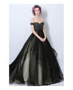 Shop affordable black ball-gown off-the-shoulder court train tulle wedding dress online. Custom-made any size or color. Pro since 2009. Tulle Ruffle Wedding Dress, Off The Shoulder Wedding Dress, Long Black Evening Dress, Long Bridal Gown, Shoulder Wedding Dress, Black Ball Gown, Prom Dresses 2017, Ruffle Wedding Dress, Elegant Prom Dresses