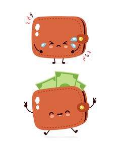 two wallets with eyes and hands, one has money in its pocket while the other is