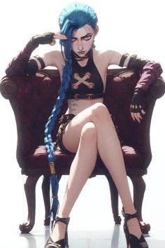 a woman with blue hair sitting in a chair