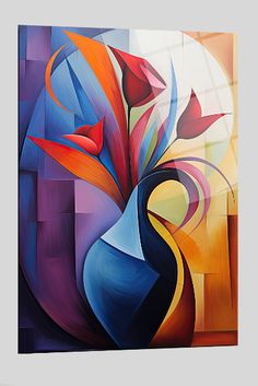 an abstract painting with bright colors and shapes on the canvas, it looks like something out of